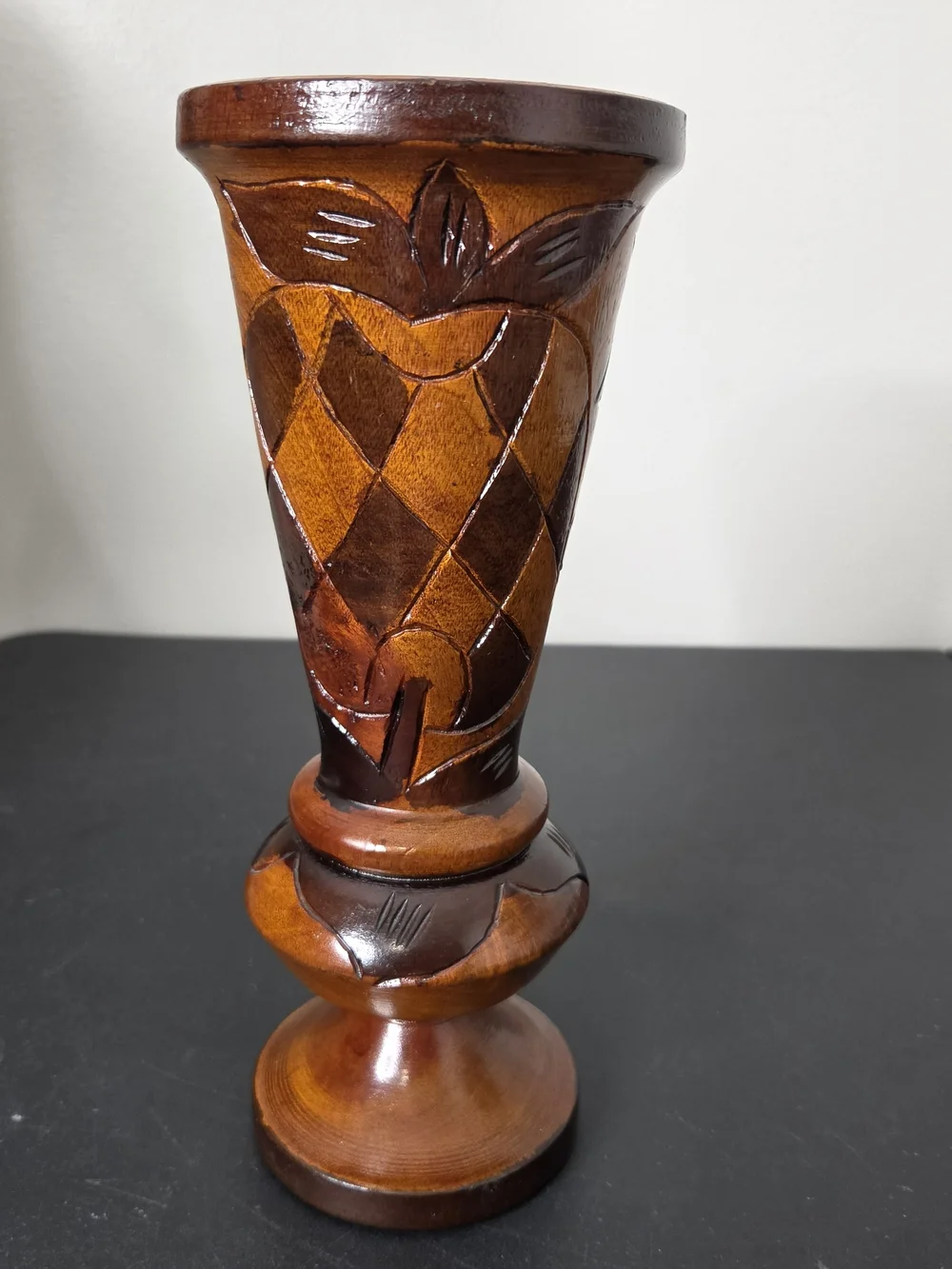Hand-Carved Wooden Pedestal Vase - Fruit? With Leaves 11